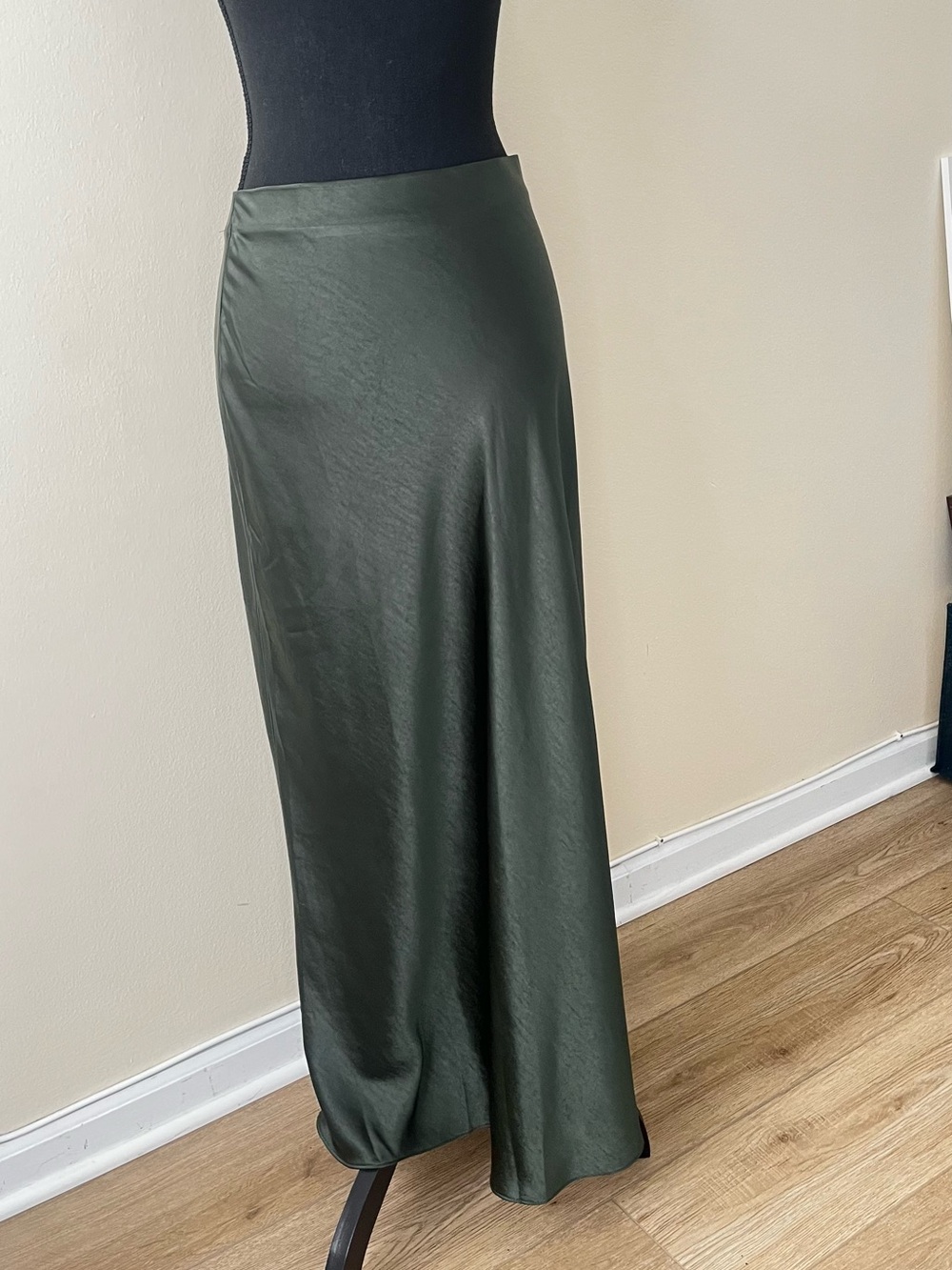 Satin Maxi Skirt in Deep Olive Green